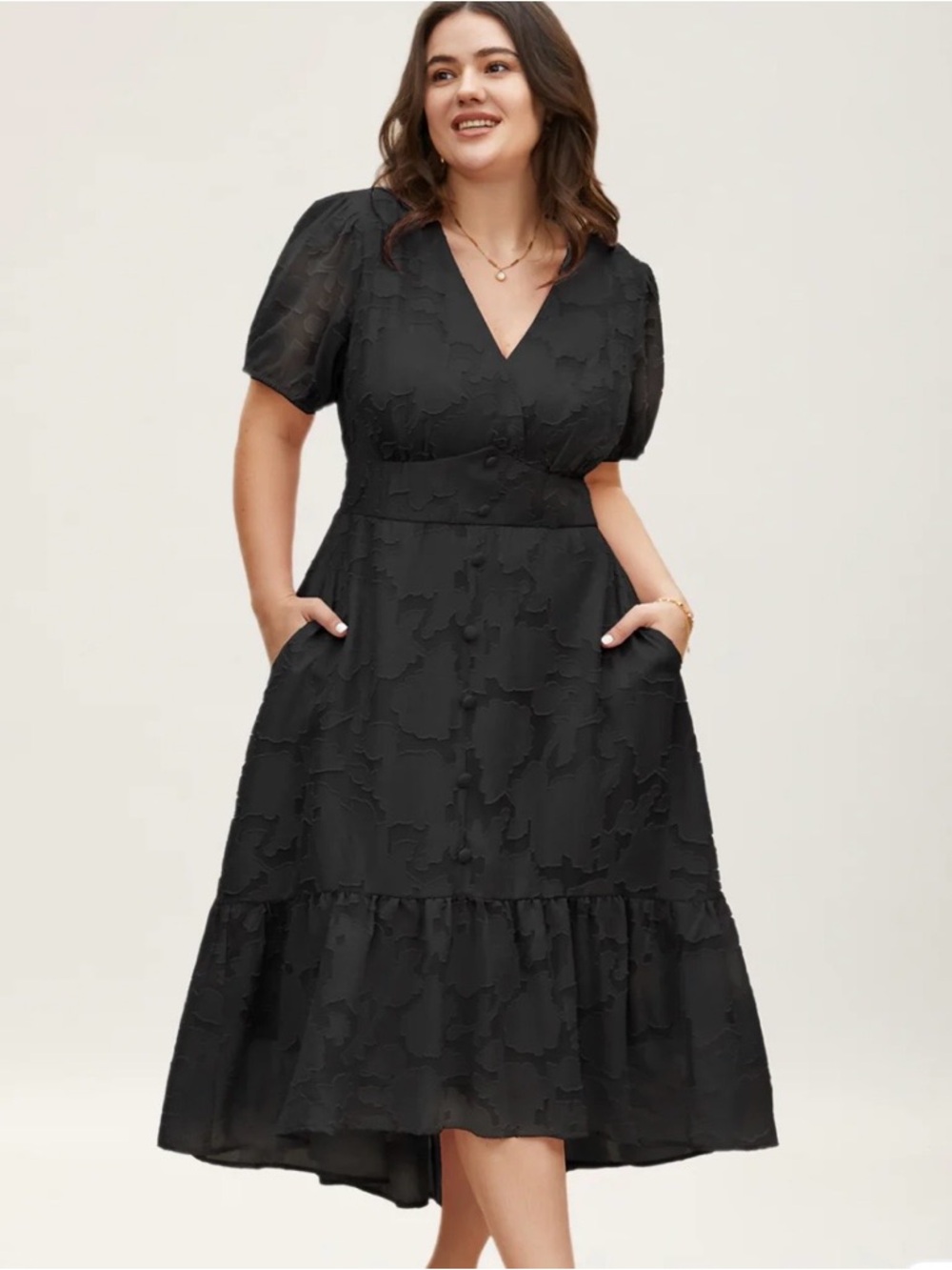 BloomChic Black V-Neck Tiered Midi Dress with Puff Sleeves